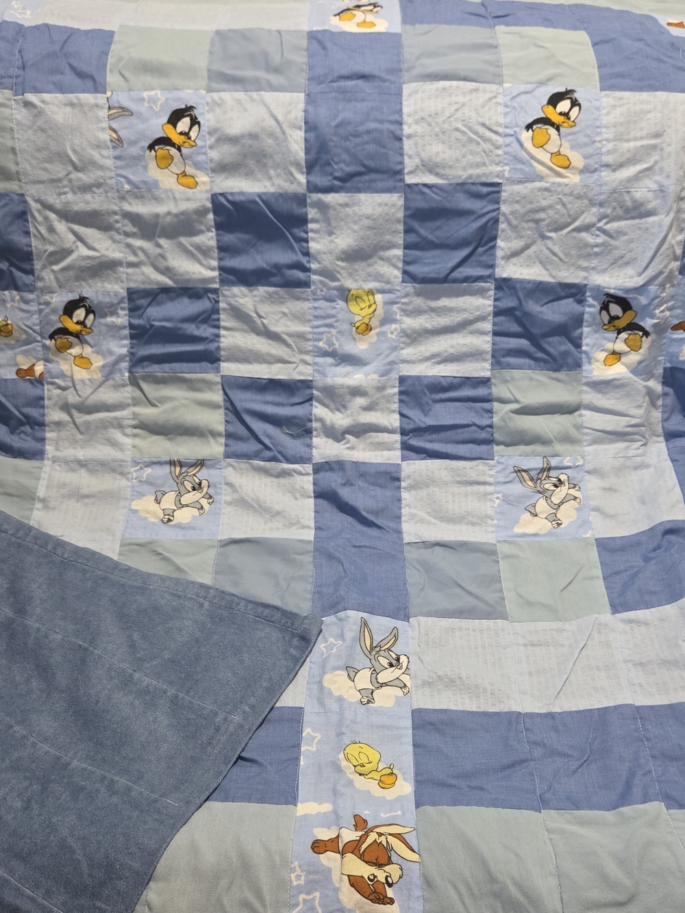 Vintage 90s Baby Looney Tunes Crib Quilt Handmade Patchwork Blanket